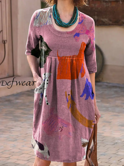 Women’s Retro Animal Art Print Casual Round Neck Temperament Midi Dress A / S