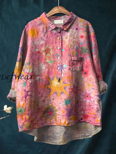 Women’s Retro Art Print Casual Cotton And Linen Round Neck Button Pocket Midi Long Sleeve Shirt