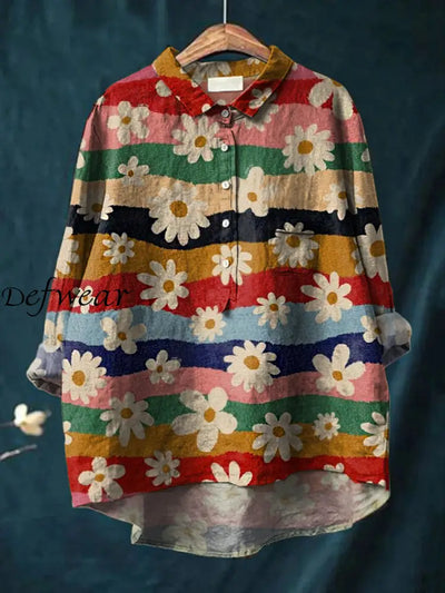 Women’s Retro Art Print Casual Cotton And Linen Round Neck Button Pocket Midi Long Sleeve Shirt