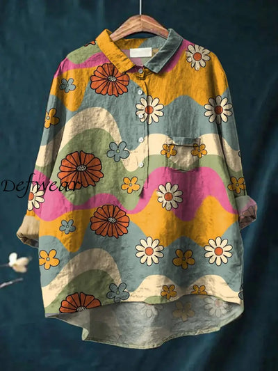 Women’s Retro Art Print Casual Cotton And Linen Round Neck Button Pocket Midi Long Sleeve Shirt