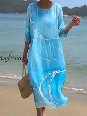 Women’s Retro Blue Ocean Art Print Crew Neck Maxi Dress