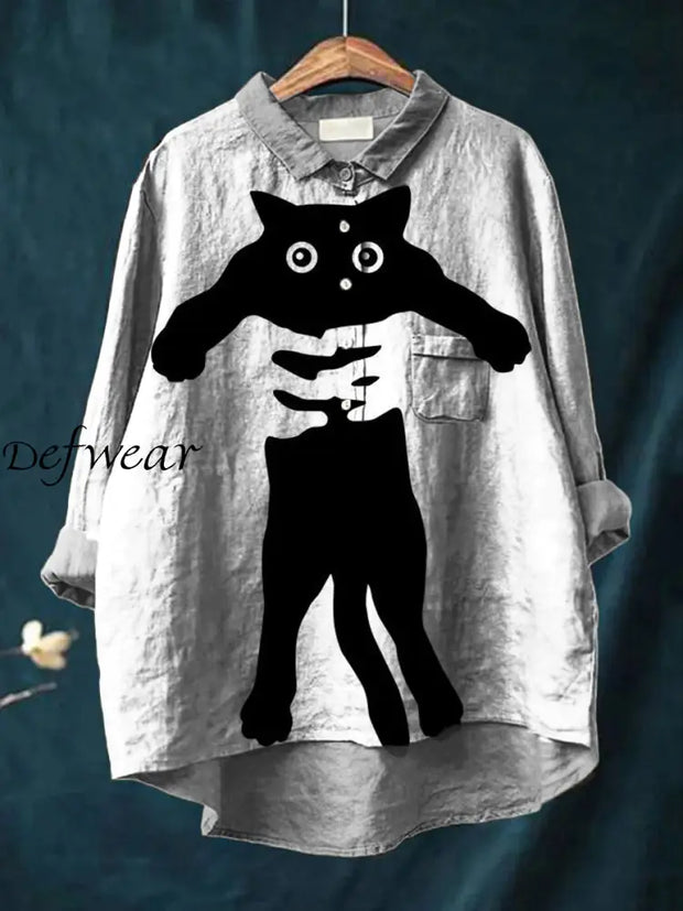 Women’s Retro Cat Art Print Casual Cotton Linen Round Neck Button Pocket Midi Long Sleeve Shirt