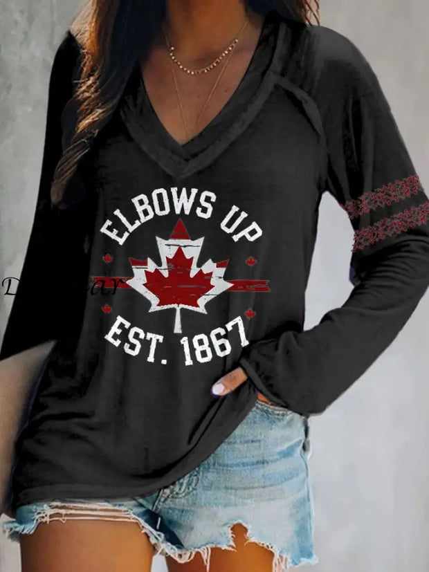 Women’s Retro Elbows Up Canada Est 1867 Print T-Shirt Black / S T-SHIRT