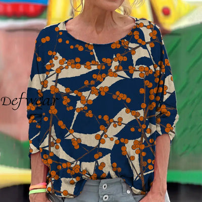 Women’s Retro Elegant Chic Art Floral Print Round Neck Three Quarter Sleeve Top A / S