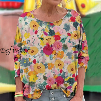 Women’s Retro Elegant Chic Art Floral Print Round Neck Three Quarter Sleeve Top A / S