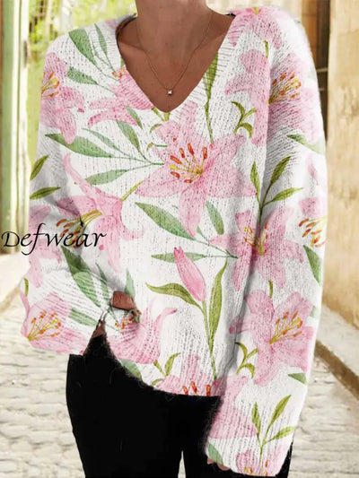 Women’s Retro Elegant Seamless Embroidered Floral Print Chic V-Neck Long-Sleeved Sweater A / S