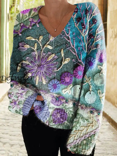 Women’s Retro Elegant Seamless Embroidered Floral Print Chic V-Neck Long-Sleeved Sweater A / S