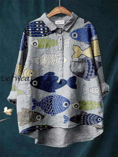 Women’s Retro Fish Art Print Casual Cotton Linen Round Neck Button Pocket Midi Sleeve Shirt Top A