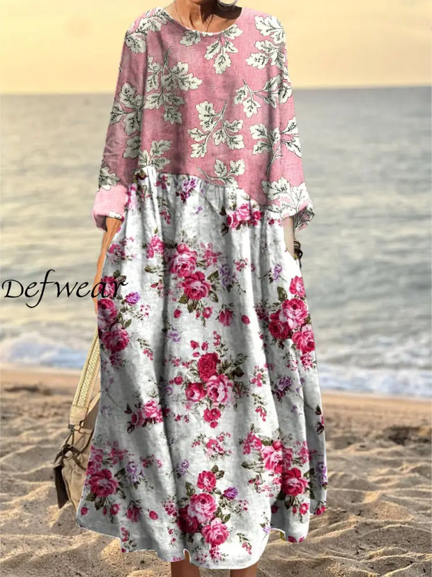 Women’s Retro Floral Art Pattern Print Pocket Elegant Cotton Dress A / S