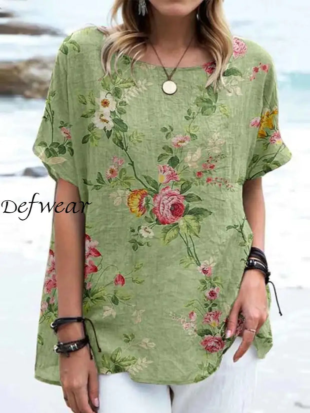 Women’s Retro Floral Art Print Casual Cotton And Linen Round Neck Short Sleeve Shirt Tops A / S