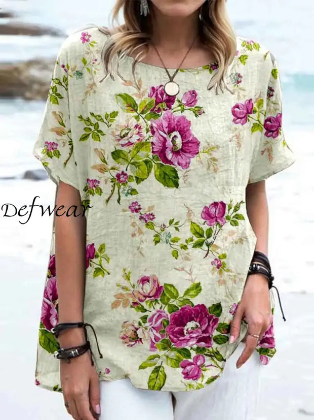 Women’s Retro Floral Art Print Casual Cotton And Linen Round Neck Short Sleeve Shirt Tops A / S