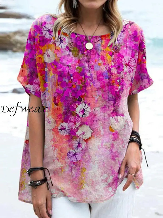 Women’s Retro Floral Art Print Casual Cotton And Linen Round Neck Short Sleeve Shirt Tops A / S