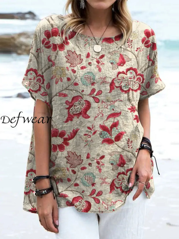 Women’s Retro Floral Art Print Casual Cotton And Linen Round Neck Short Sleeve Shirt Tops A / S