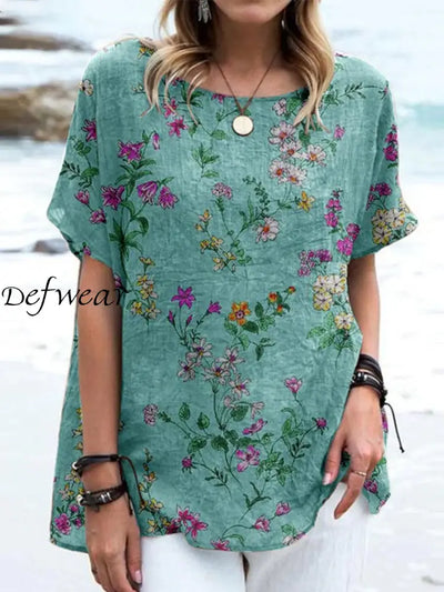 Women’s Retro Floral Art Print Casual Cotton And Linen Round Neck Short Sleeve Shirt Tops A / S