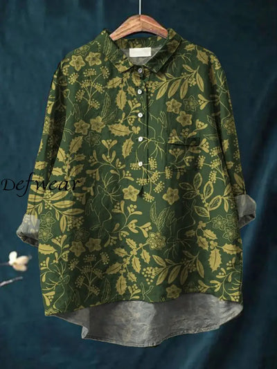 Women’s Retro Floral Art Print Casual Cotton Linen Round Neck Button Pocket Mid-Length Sleeve