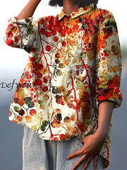 Women’s Retro Floral Art Print Casual Cotton Linen Round Neck Button Pocket Mid Long Sleeve Shirt