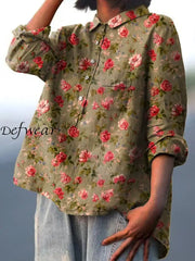 Women’s Retro Floral Art Print Casual Cotton Linen Round Neck Button Pocket Mid Long Sleeve Shirt