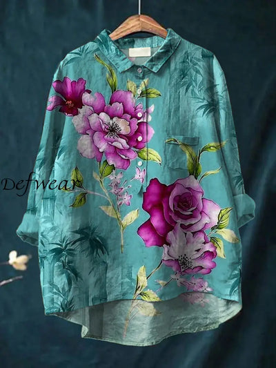 Women’s Retro Floral Art Print Casual Cotton Linen Round Neck Button Pocket Mid Long Sleeve Shirt