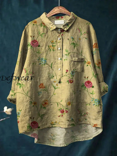 Women’s Retro Floral Art Print Casual Cotton Linen Round Neck Button Pocket Mid Long Sleeve Shirt