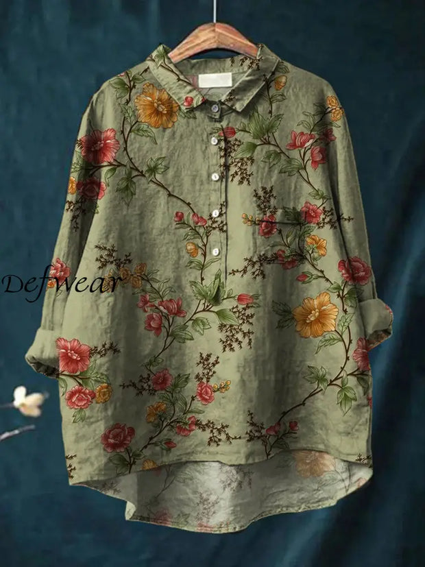 Women’s Retro Floral Art Print Casual Cotton Linen Round Neck Button Pocket Mid Long Sleeve Shirt