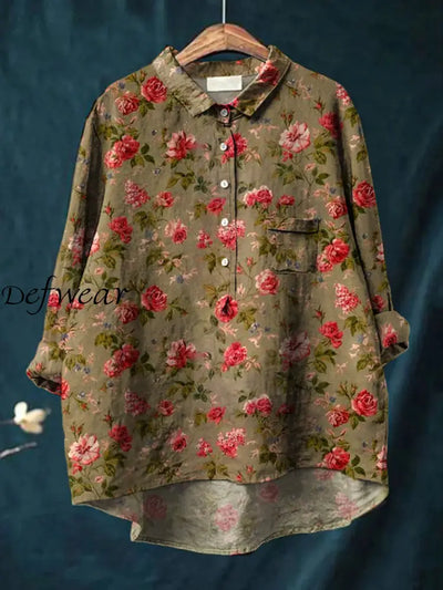 Women’s Retro Floral Art Print Casual Cotton Linen Round Neck Button Pocket Mid Long Sleeve Shirt