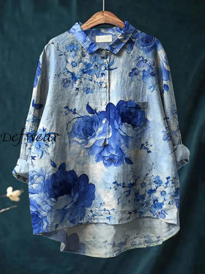 Women’s Retro Floral Art Print Casual Cotton Linen Round Neck Button Pocket Mid Long Sleeve Shirt