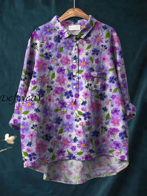 Women’s Retro Floral Art Print Casual Cotton Linen Round Neck Button Pocket Mid Long Sleeve Shirt