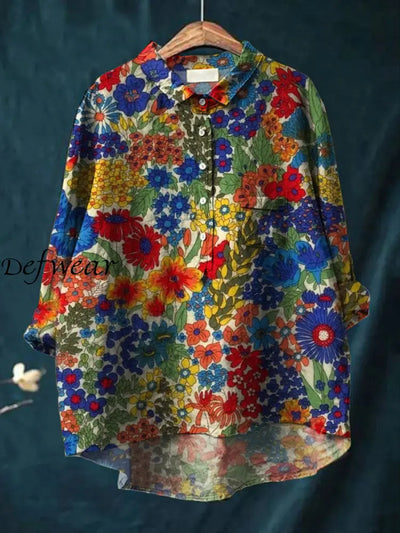 Women’s Retro Floral Art Print Casual Cotton Linen Round Neck Button Pocket Mid Long Sleeve Shirt