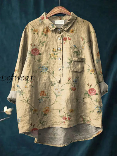 Women’s Retro Floral Art Print Casual Cotton Linen Round Neck Button Pocket Mid Long Sleeve Shirt