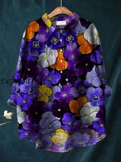 Women’s Retro Floral Art Print Casual Cotton Linen Round Neck Button Pocket Mid Long Sleeve Shirt