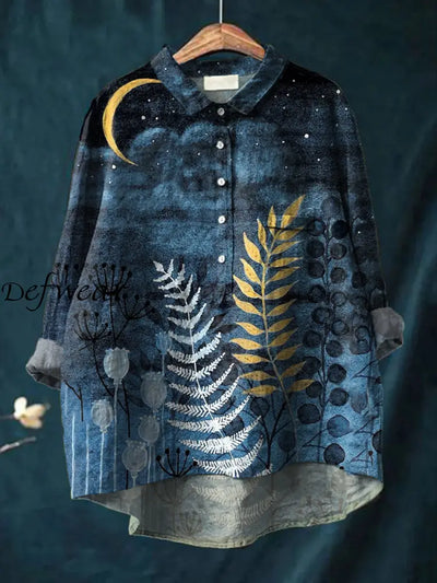 Women’s Retro Floral Art Print Casual Cotton Linen Round Neck Button Pocket Mid Long Sleeve Shirt