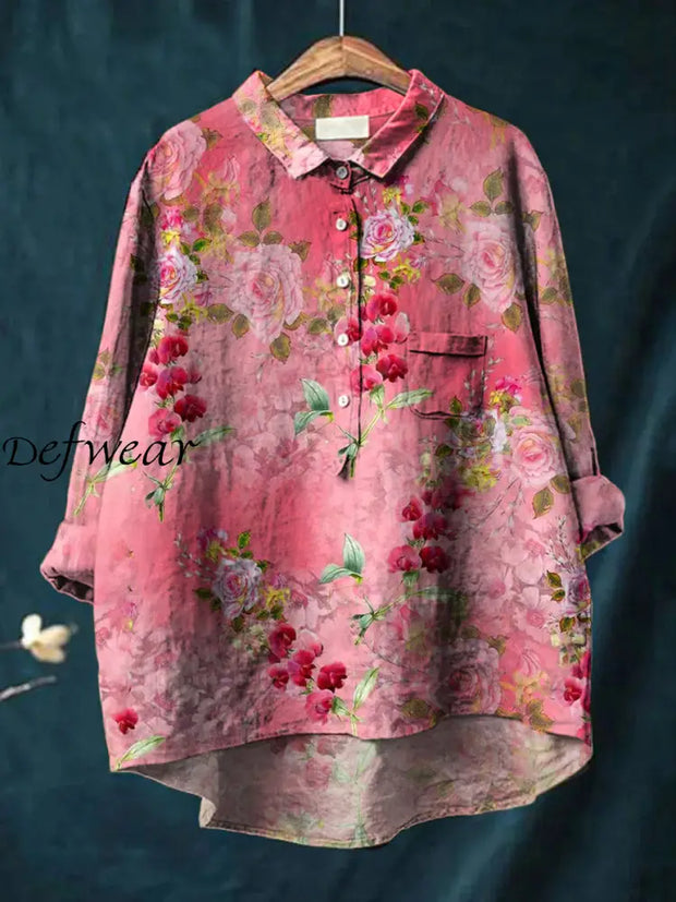 Women’s Retro Floral Art Print Casual Cotton Linen Round Neck Button Pocket Mid Long Sleeve Shirt