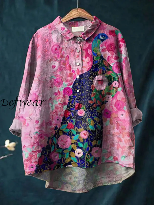 Women’s Retro Floral Art Print Casual Cotton Linen Round Neck Button Pocket Mid Long Sleeve Shirt