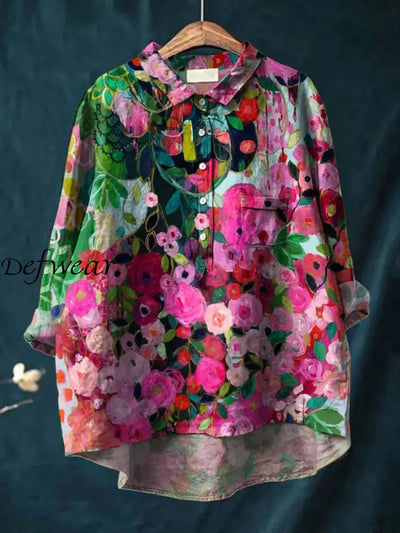 Women’s Retro Floral Art Print Casual Cotton Linen Round Neck Button Pocket Mid Long Sleeve Shirt