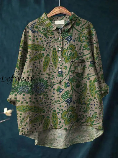 Women’s Retro Floral Art Print Casual Cotton Linen Round Neck Button Pocket Mid Long Sleeve Shirt