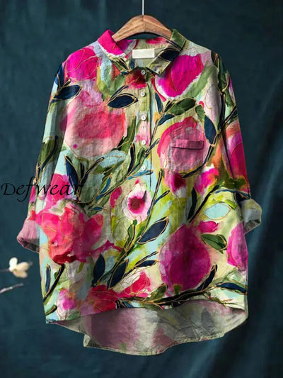 Women’s Retro Floral Art Print Casual Cotton Linen Round Neck Button Pocket Mid Long Sleeve Shirt