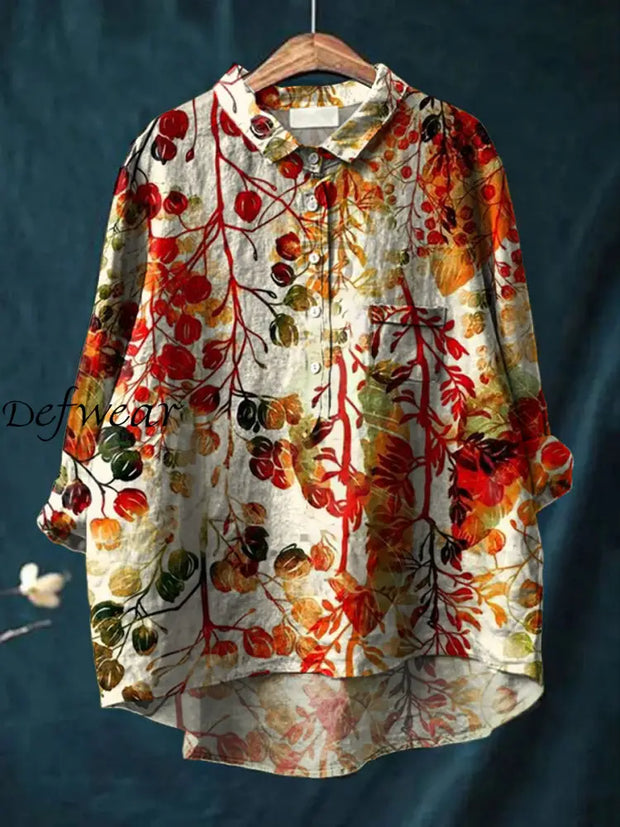 Women’s Retro Floral Art Print Casual Cotton Linen Round Neck Button Pocket Mid Long Sleeve Shirt