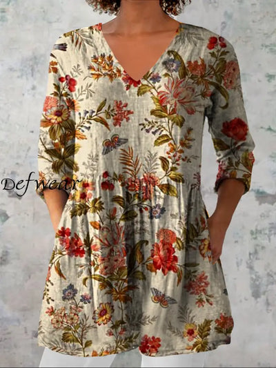 Women’s Retro Floral Art Print Casual V-Neck Three-Quarter Sleeve Elegant Cotton Linen Top A / S