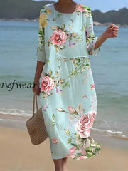 Women’s Retro Floral Art Print Round Neck Maxi Dress