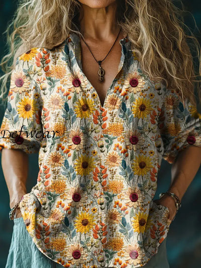 Women’s Retro Floral Art Print V-Neck Casual Cotton And Linen Shirt Top A / S