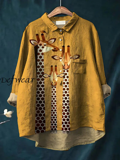 Women’s Retro Giraffe Art Print Casual Cotton Linen Round Neck Button Pocket Mid-Length Sleeve