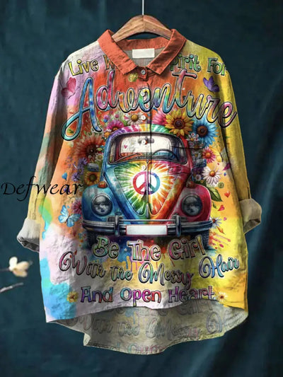 Women’s Retro Hippie Art Print Casual Cotton Linen Round Neck Button Pocket Mid-Length Sleeve