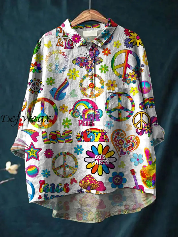 Women’s Retro Hippie Art Print Casual Cotton Linen Round Neck Button Pocket Mid-Length Sleeve