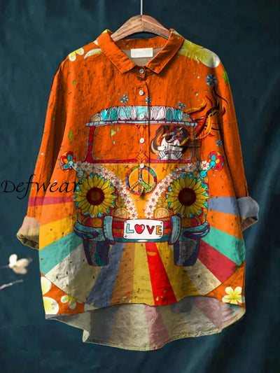 Women’s Retro Hippie Art Print Casual Cotton Linen Round Neck Button Pocket Mid-Length Sleeve