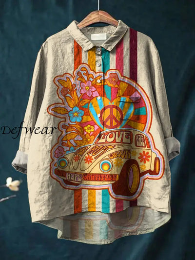 Women’s Retro Hippie Art Print Casual Cotton Linen Round Neck Button Pocket Mid-Length Sleeve