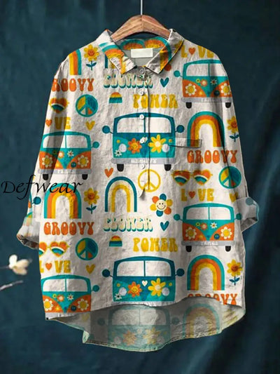 Women’s Retro Hippie Art Print Casual Cotton Linen Round Neck Button Pocket Mid-Length Sleeve