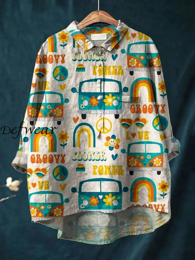 Women’s Retro Hippie Art Print Casual Cotton Linen Round Neck Button Pocket Mid-Length Sleeve