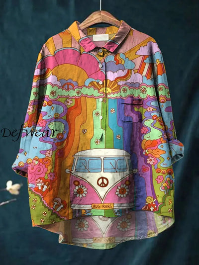 Women’s Retro Hippie Art Print Casual Cotton Linen Round Neck Button Pocket Mid Long Sleeve Shirt