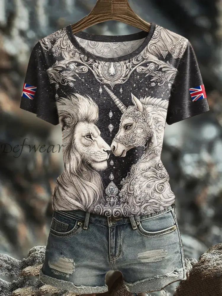 Women’s Retro Lion Unicorn UK Flag Printed T Shirt As picture / S