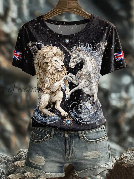 Women’s Retro Lion Unicorn UK Flag Printed T Shirt Black / S